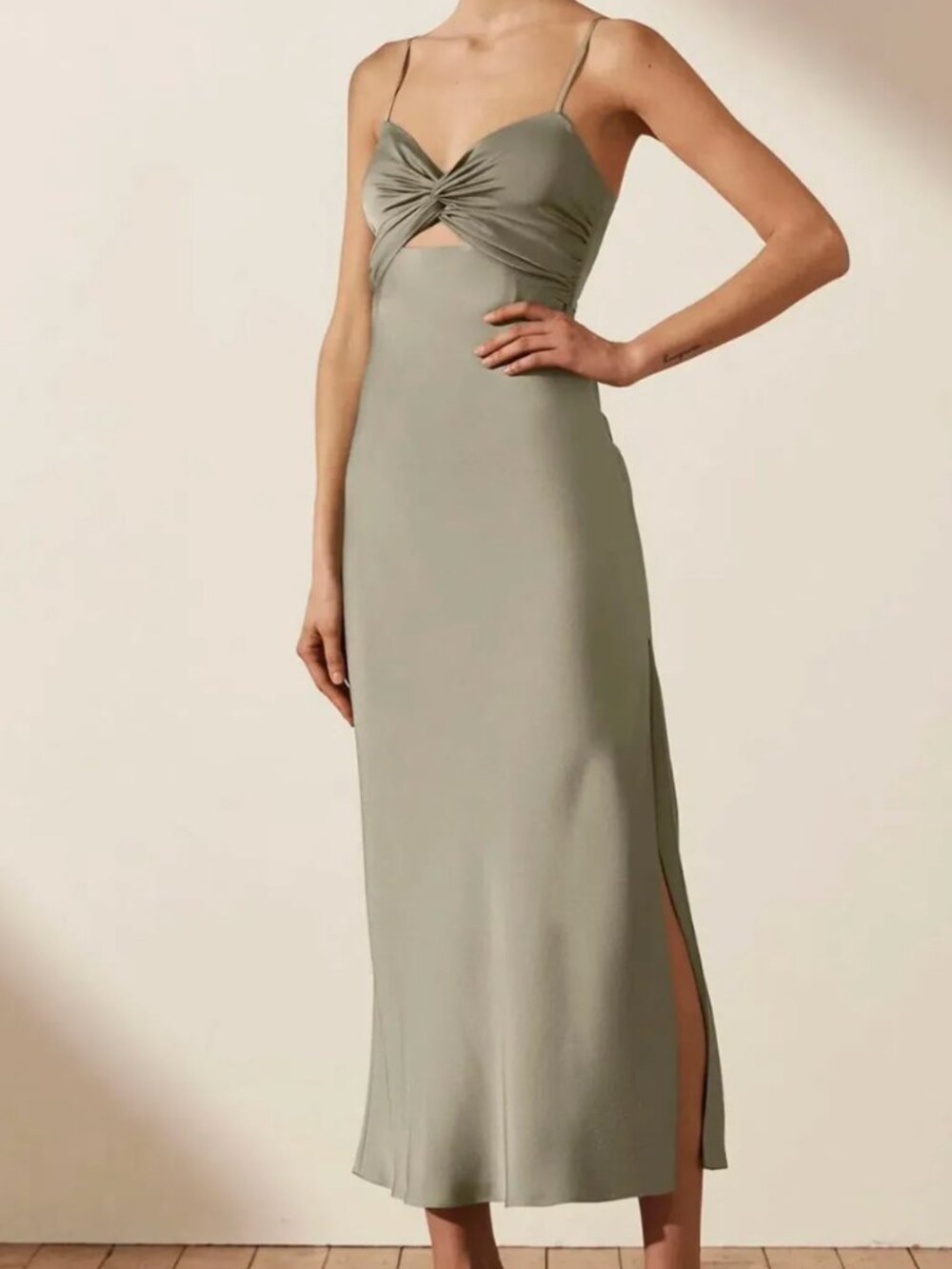 Shona Joy NWT | Twist Front Sleeveless Midi Dress in Eucalyptus